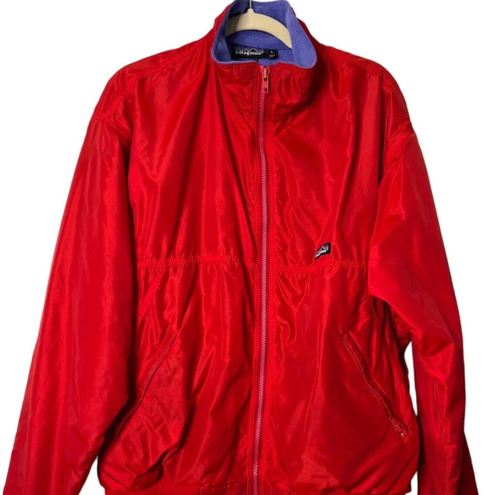 Patagonia Men Large Vintage Jacket Shiny Coat Red Lightweight Fleece Line READ